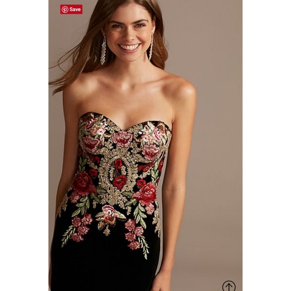 NEVER WORN! Black Velvet, Embroidered, Fitted Gown - Picture 6 of 7